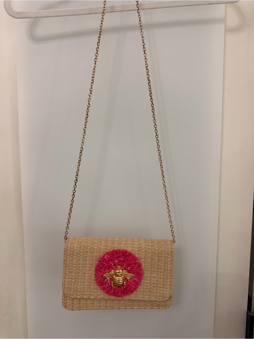 Woven Straw Crossbody with Pink Pom & Gold Accent